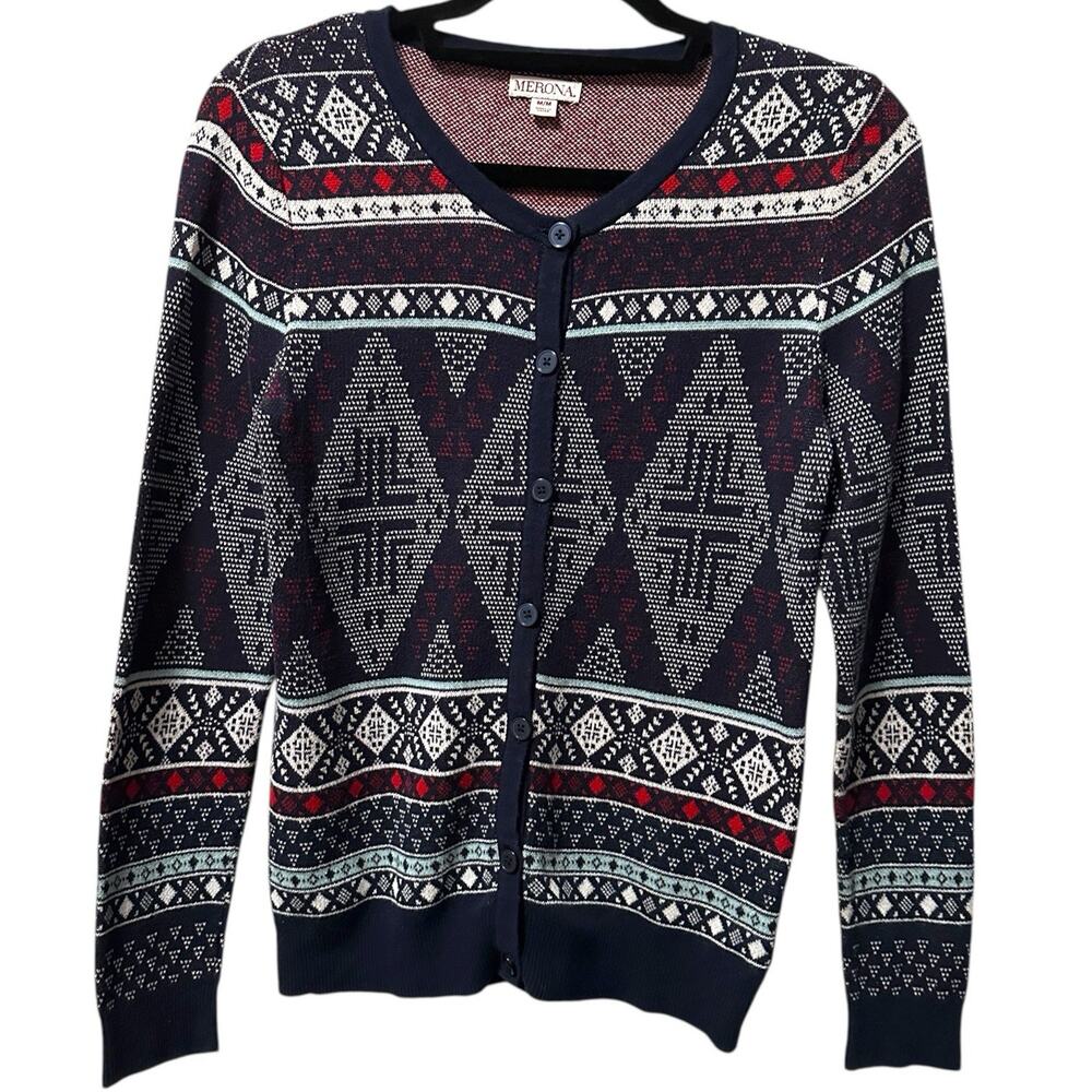 Medina Fair Isle Geometric Cotton Women's M Button Cardigan Sweater Holiday